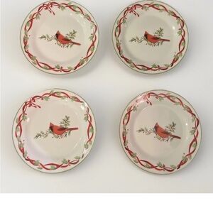 4 Royal Norfolk Christmas Cardinal/Red Ribbons Holly 8" Dessert Plate